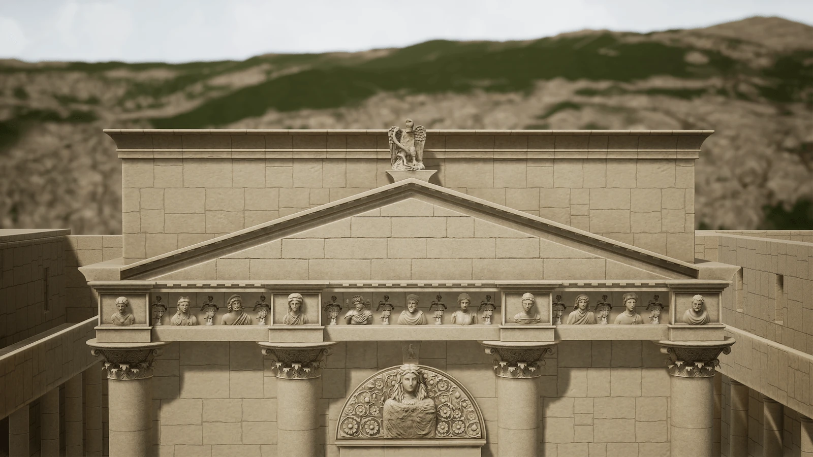 Reconstructed temple exterior within the surrounding landscape