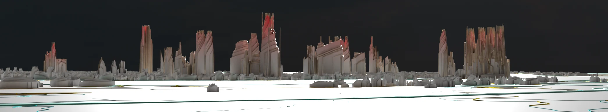 Panoramic profile of the folded procedural city landscape