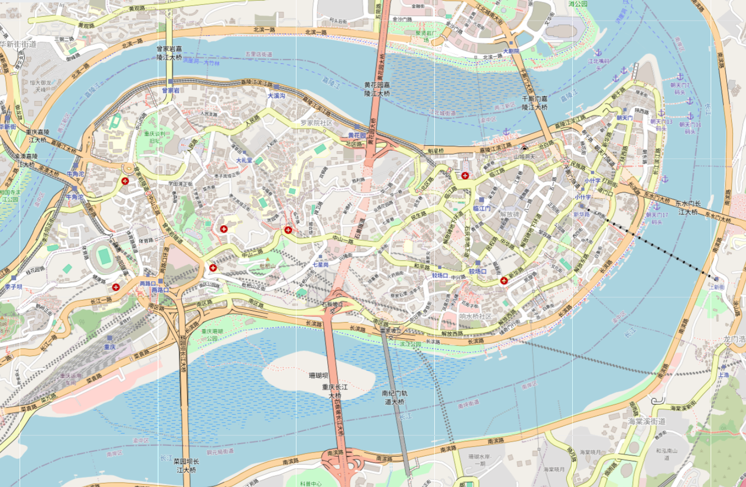 OpenStreetMap view of Chongqing's streets and river bends