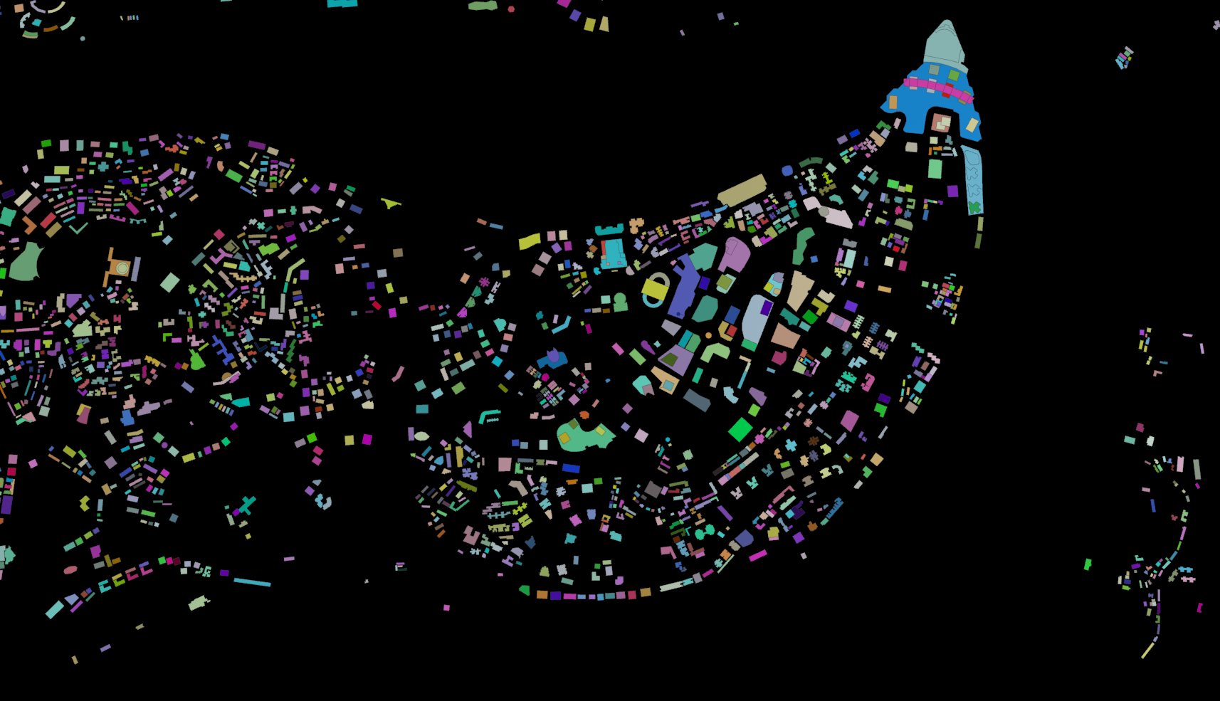 Color-coded building footprints in the procedural system