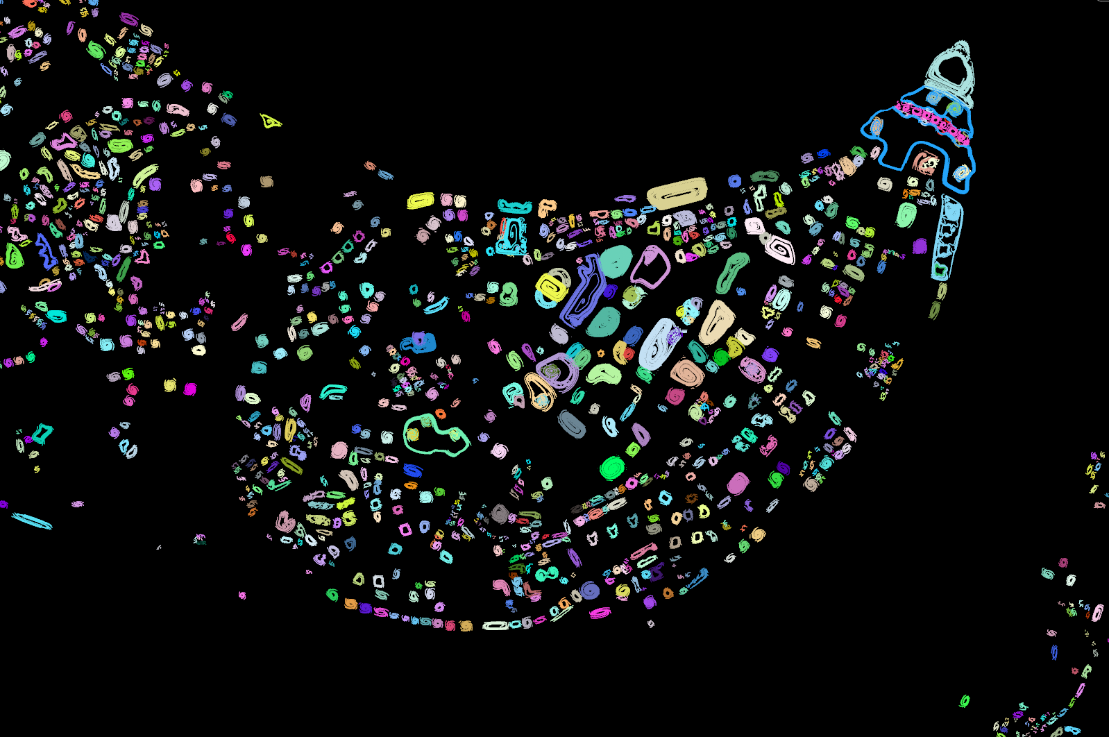 Scattered elements distributed across the building footprints