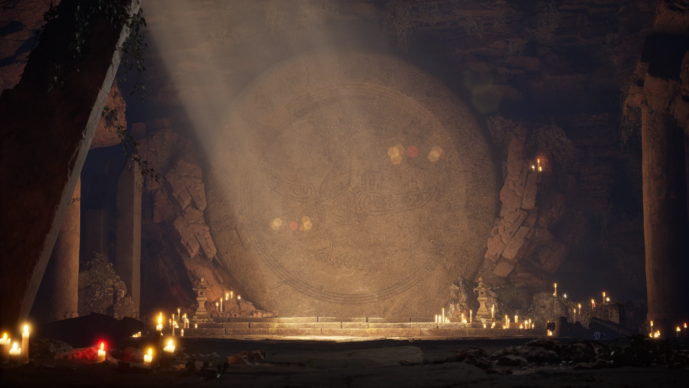 Underworld chamber and illuminated stone gateway