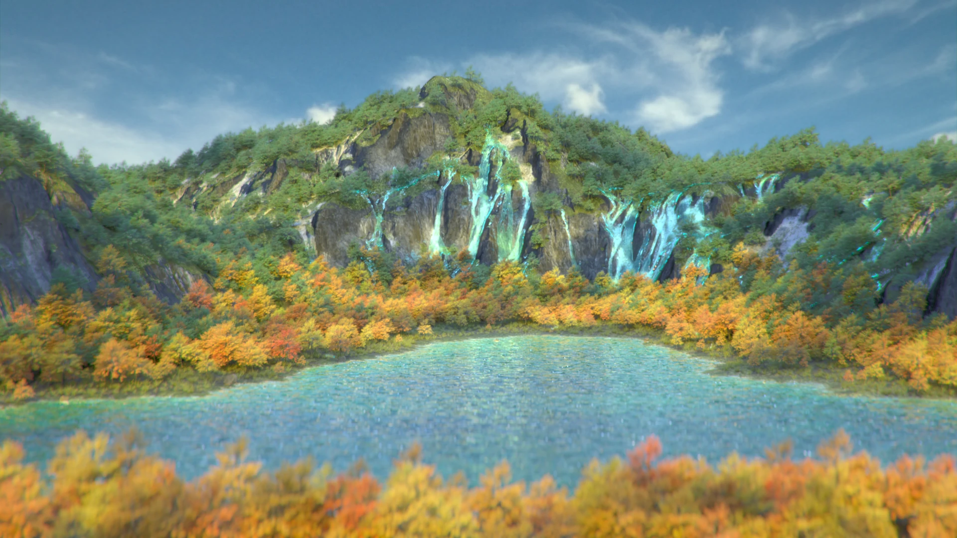 Rendered mountain and lake environment generated from terrain fields